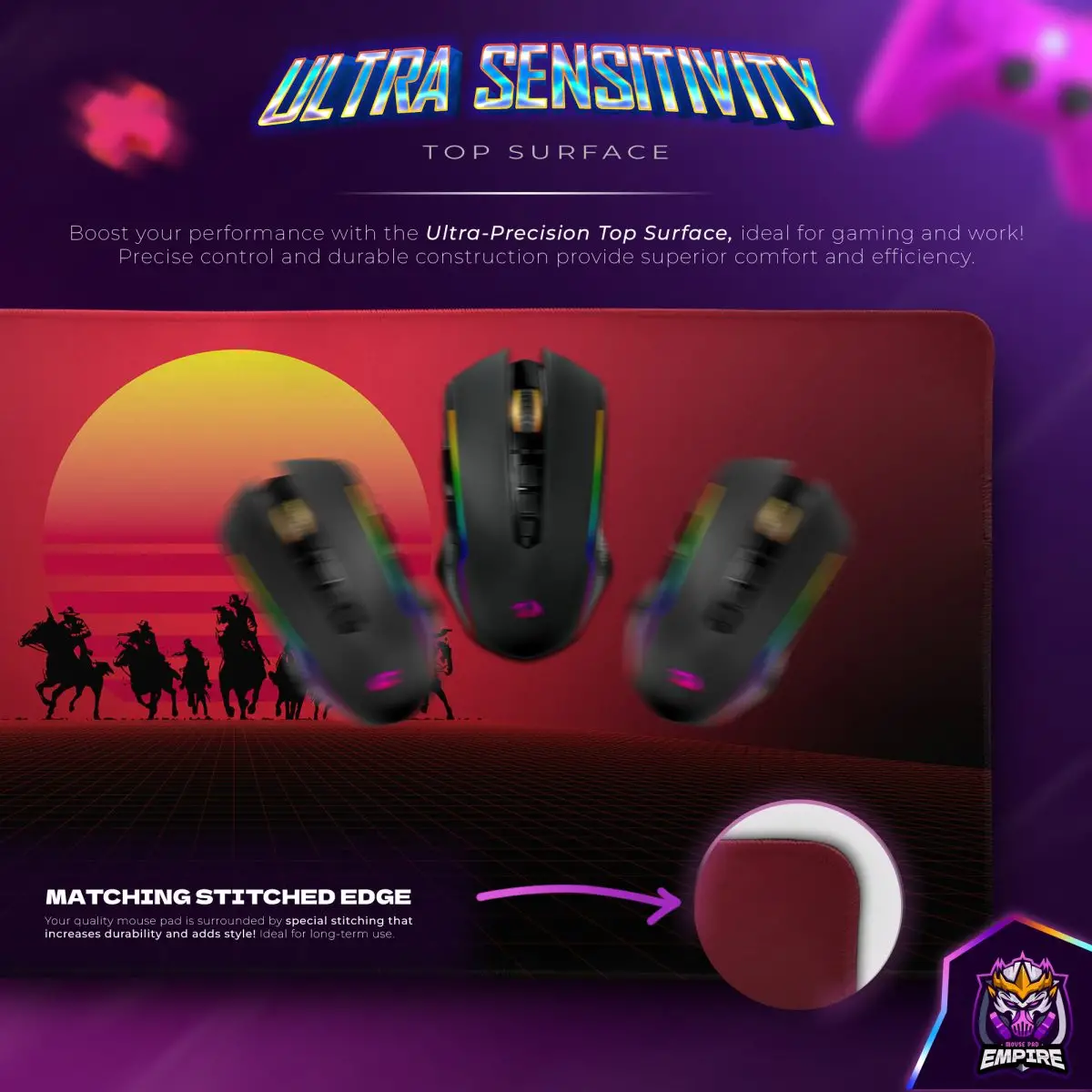 Neon Western Sunset Desk Mat, Retro Cowboy Mouse Pad