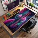 Pink Moonlit Fantasy Desk Mat, Neon Galaxy Mouse Pad