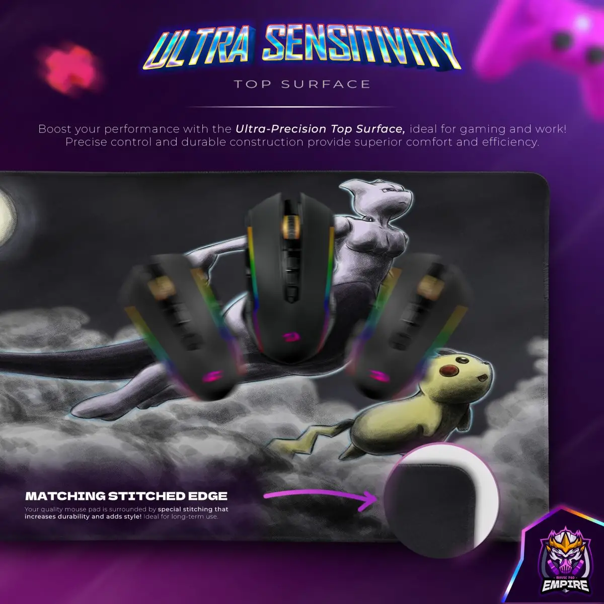 Mewtwo Night Flight Desk Mat, Pikachu Moon Mouse Pad