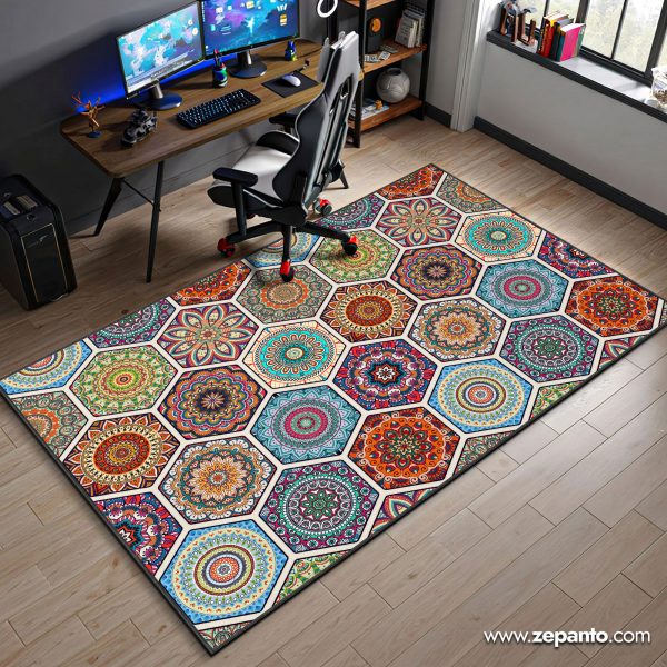 Mandala Mosaic Area Rug, Colorful Boho Carpet